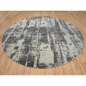 12'x12' Charcoal Black, Tone On Tone, Modern Design, Jacquard Hand Loomed, Wool and Plant Based Silk, Oriental, Round Rug FWR382980