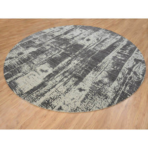 12'x12' Charcoal Black, Tone On Tone, Modern Design, Jacquard Hand Loomed, Wool and Plant Based Silk, Oriental, Round Rug FWR382980