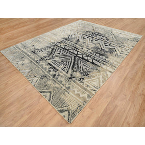 9'1"x12' Gray, Supple Collection Erased Ethnic Geometric Design, Pure Wool Thick and Plush Hand Knotted, Oriental Rug FWR383250