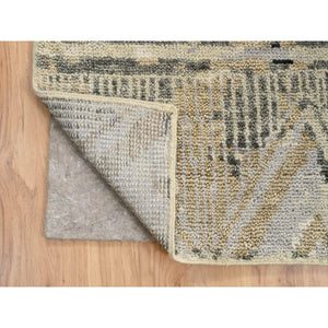 9'1"x12' Gray, Supple Collection Erased Ethnic Geometric Design, Pure Wool Thick and Plush Hand Knotted, Oriental Rug FWR383250