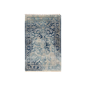3'1"x5' Navy Blue, Broken Persian Heriz Erased Design, Wool and Silk, Hand Knotted, Oriental Rug FWR383280