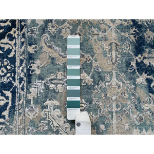 3'1"x5' Navy Blue, Broken Persian Heriz Erased Design, Wool and Silk, Hand Knotted, Oriental Rug FWR383280