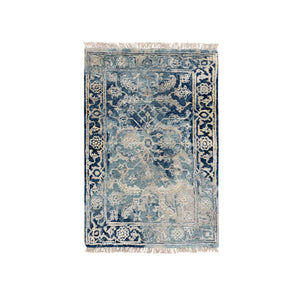 2'x3'1" Navy Blue, Broken Persian Heriz Erased Design, Hand Knotted, Wool and Silk, Mat Oriental Rug FWR383310