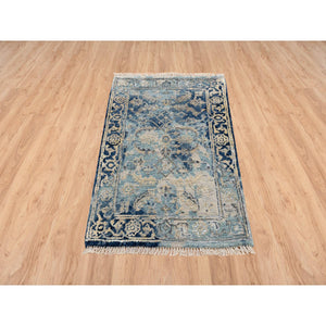 2'x3'1" Navy Blue, Broken Persian Heriz Erased Design, Hand Knotted, Wool and Silk, Mat Oriental Rug FWR383310
