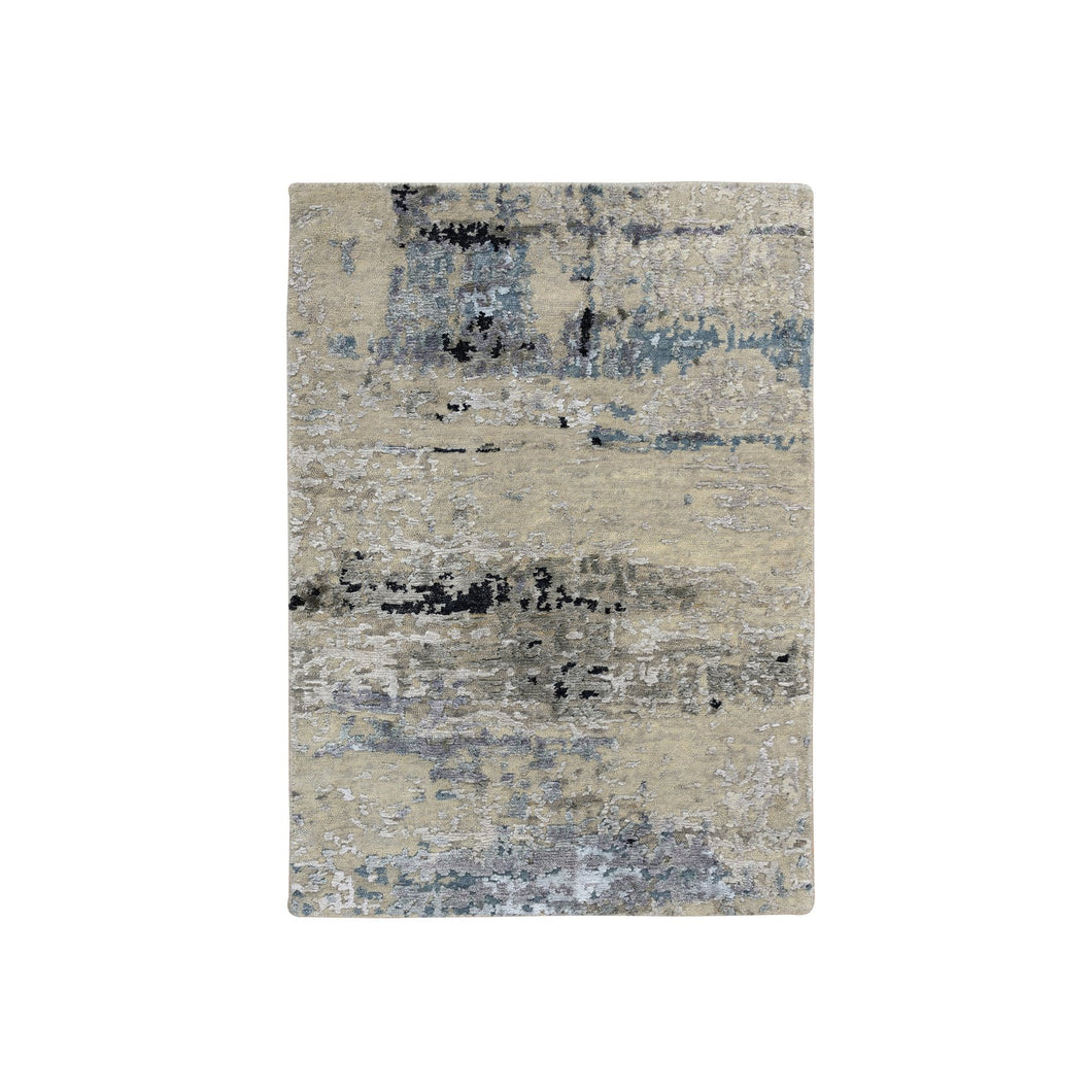 2'x3' Gray, Modern Abstract Design, Wool and Silk Hand Knotted, Mat Oriental Rug FWR383316