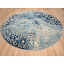 Load image into Gallery viewer, 11&#39;10&quot;x11&#39;10&quot; Navy Blue, Broken Persian Heriz Erased Design Wool and Silk, Hand Knotted, Round Oriental Rug FWR383358