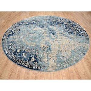 11'10"x11'10" Navy Blue, Broken Persian Heriz Erased Design Wool and Silk, Hand Knotted, Round Oriental Rug FWR383358