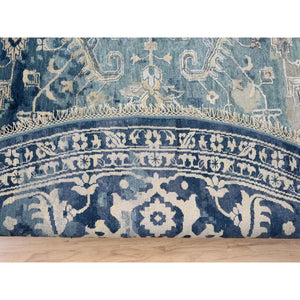 11'10"x11'10" Navy Blue, Broken Persian Heriz Erased Design Wool and Silk, Hand Knotted, Round Oriental Rug FWR383358