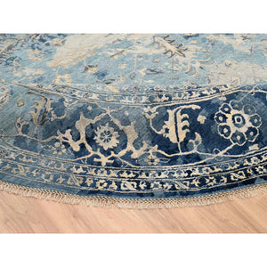 11'10"x11'10" Navy Blue, Broken Persian Heriz Erased Design Wool and Silk, Hand Knotted, Round Oriental Rug FWR383358