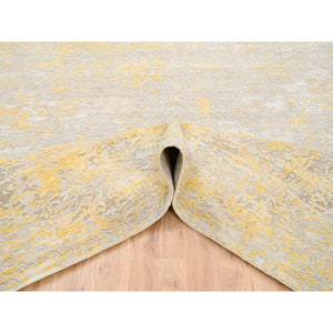 8'x8' Gold, Hand Knotted Abstract Design, Wool and Silk Hi-Low Pile, Square Oriental Rug FWR383394