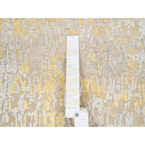 2'7"x11'10" Gold, Hand Knotted Abstract Design, Wool and Silk Hi-Low Pile, Runner Oriental Rug FWR383466