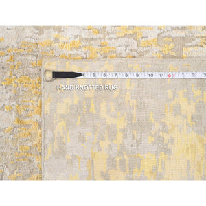 2'7"x11'10" Gold, Hand Knotted Abstract Design, Wool and Silk Hi-Low Pile, Runner Oriental Rug FWR383466