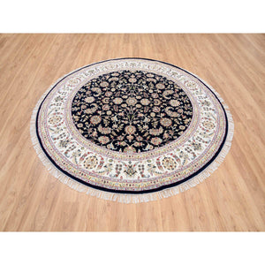 7'10"x7'10" Midnight Blue, Nain All Over Flower Design, 250 KPSI Wool Hand Knotted, Round Oriental Rug FWR383736