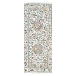 4'2"x10'1" Ivory, Nain with Center Medallion Flower Design, 250 KPSI Wool Hand Knotted, Wide Runner Oriental Rug FWR383784
