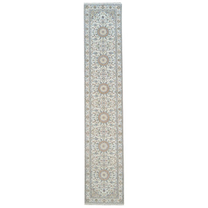 2'8"x14'1" Ivory, Hand Knotted Nain with Center Medallion Flower Design, 250 KPSI Wool, Runner Oriental Rug FWR383868