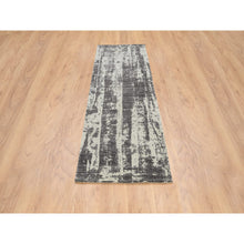 Load image into Gallery viewer, 2&#39;6&quot;x8&#39; Charcoal Black, Hand Loomed Modern Design Jacquard, Tone On Tone Wool and Pure Silk, Runner Oriental Rug FWR384306
