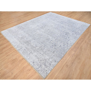 7'10"x10' Ivory, Damask Design Tone on Tone, Wool and Plant Based Silk Hand Knotted, Oriental Rug FWR384342