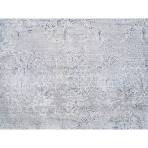 7'10"x10' Ivory, Damask Design Tone on Tone, Wool and Plant Based Silk Hand Knotted, Oriental Rug FWR384342