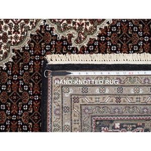 7'9"x10' Rich Black, Tabriz Mahi with Fish Medallion Design, 175 KPSI Wool Hand Knotted, Oriental Rug FWR384372