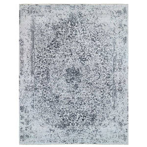14'2"x18' Silver Gray, Hand Knotted Erased Persian Design, Wool and Pure Silk, Oversized Oriental Rug FWR384498