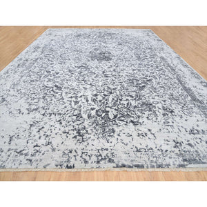 14'2"x18' Silver Gray, Hand Knotted Erased Persian Design, Wool and Pure Silk, Oversized Oriental Rug FWR384498