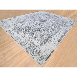 14'2"x18' Silver Gray, Hand Knotted Erased Persian Design, Wool and Pure Silk, Oversized Oriental Rug FWR384498