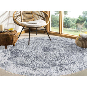 7'10"x7'10" Silver Gray, Erased Persian Design, Wool and Pure Silk Hand Knotted, Round Oriental Rug FWR384516
