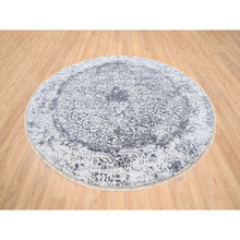 Load image into Gallery viewer, 7&#39;10&quot;x7&#39;10&quot; Silver Gray, Erased Persian Design, Wool and Pure Silk Hand Knotted, Round Oriental Rug FWR384516