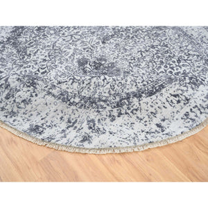 7'10"x7'10" Silver Gray, Erased Persian Design, Wool and Pure Silk Hand Knotted, Round Oriental Rug FWR384516