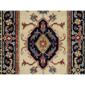 2'5"x19'9" Ivory, Hand Knotted Heriz Revival with Medallions Design Pliable Wool, XL Runner Oriental Rug FWR385212