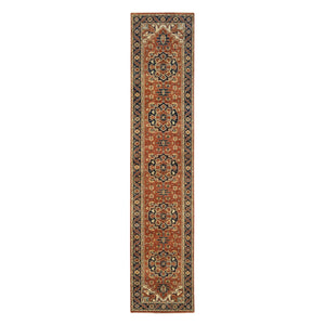 2'6"x12'2" Terracotta Red, Antiqued Fine Heriz Re-Creation Densely Woven, Natural Dyes Hand Spun Wool Hand Knotted, Runner Oriental Rug FWR385230