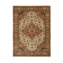 Load image into Gallery viewer, 4&#39;1&quot;x6&#39;2&quot; Ivory, Hand Knotted Antiqued Fine Heriz Re-Creation, Dense Weave Natural Dyes Hand Spun Wool, Oriental Rug FWR385386