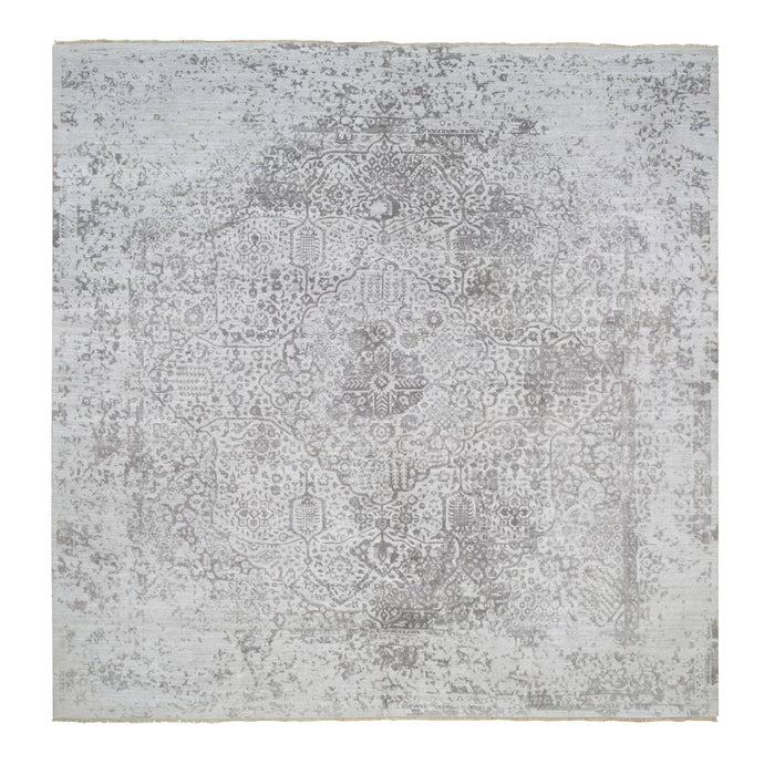 12'x12' Gray, Broken Persian Design, Hand Knotted Wool and Pure Silk, Square Oriental Rug FWR385920