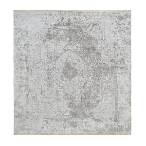 8'3"x8'3" Gray, Broken Persian Design, Hand Knotted Wool and Pure Silk, Square Oriental Rug FWR385926