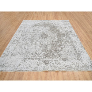 8'3"x8'3" Gray, Broken Persian Design, Hand Knotted Wool and Pure Silk, Square Oriental Rug FWR385926