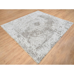 8'3"x8'3" Gray, Broken Persian Design, Hand Knotted Wool and Pure Silk, Square Oriental Rug FWR385926