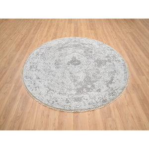 6'7"x6'7" Gray, Hand Knotted Broken Persian Design, Wool and Pure Silk, Round Oriental Rug FWR385932