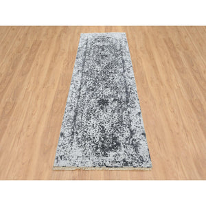 2'7"x8'2" Gray Hand Knotted Broken Persian Design Wool and Pure Silk Runner Oriental Rug FWR385944