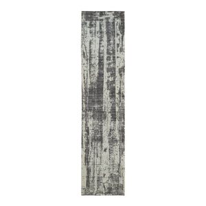 2'6"x11'10" Charcoal Black, Hand Loomed Modern Design Jacquard, Tone On Tone Wool and Art Silk, Runner Oriental Rug FWR385962