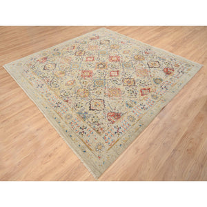 8'1"x8'1" Beige, THE SUNSET ROSETTES with Soft Colors, Wool and Pure Silk, Hand Knotted, Square Oriental Rug FWR385980