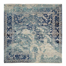 Load image into Gallery viewer, 10&#39;x10&#39; Blue-Teal Broken Persian Heriz Erased Design Wool And Silk Hand Knotted Oriental Square Rug FWR386004