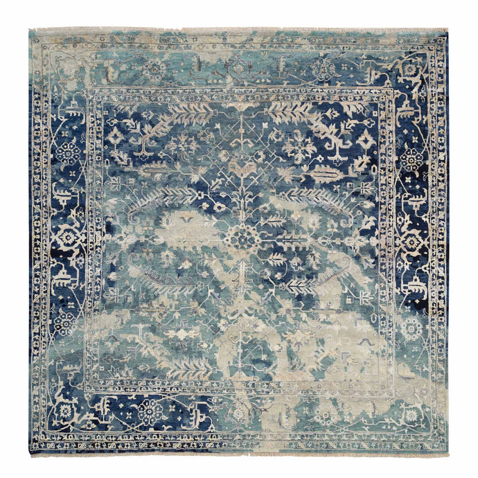 10'x10' Blue-Teal Broken Persian Heriz Erased Design Wool And Silk Hand Knotted Oriental Square Rug FWR386004