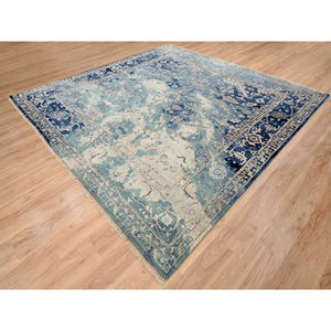 10'x10' Blue-Teal Broken Persian Heriz Erased Design Wool And Silk Hand Knotted Oriental Square Rug FWR386004