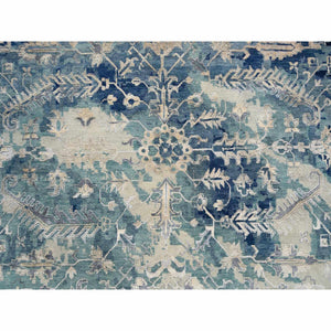 10'x10' Blue-Teal Broken Persian Heriz Erased Design Wool And Silk Hand Knotted Oriental Square Rug FWR386004