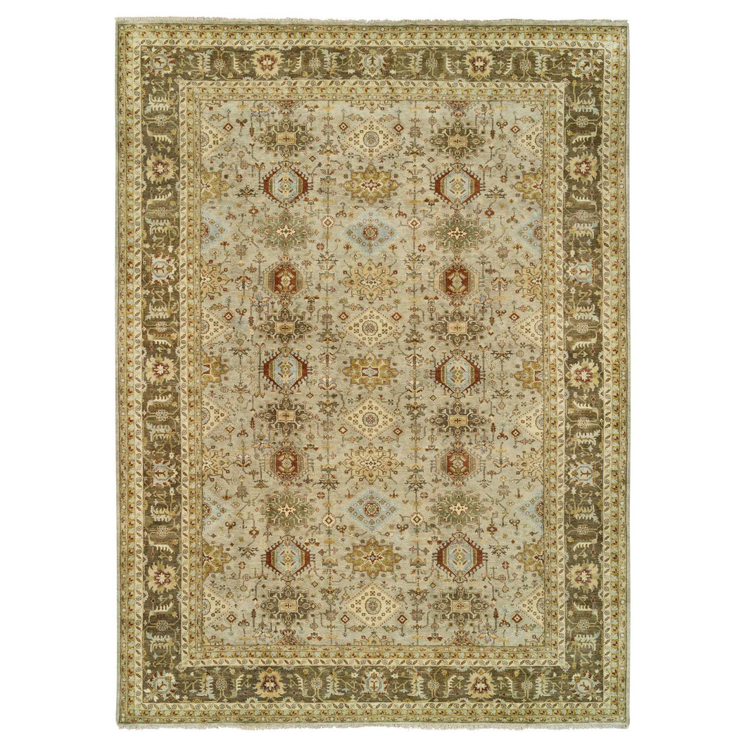 12'x18' Light Gray, Hand Knotted Karajeh Design with Tribal Medallions, Pure Wool Oriental Oversize Rug FWR386010
