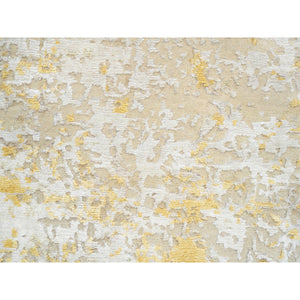 2'x2'10" Gold-Cream, Hand Knotted, Wool and Silk, Abstract Design, Hi-Low Pile, Oriental Mat Rug FWR386040