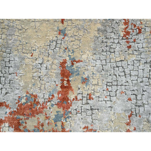 2'x3' Cream-Rust Hand Knotted, Wool And Silk Abstract With Fire Mosaic Design, Mat Persian Knot Oriental Rug FWR386106