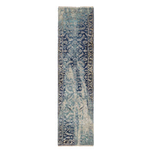 Load image into Gallery viewer, 2&#39;7&quot;x10&#39; Blue-Teal Erased Design Wool And Silk Hand Knotted Broken Persian Heriz Runner Oriental Rug FWR386136