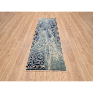 2'7"x10' Blue-Teal Erased Design Wool And Silk Hand Knotted Broken Persian Heriz Runner Oriental Rug FWR386136