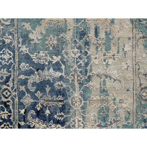 2'7"x10' Blue-Teal Erased Design Wool And Silk Hand Knotted Broken Persian Heriz Runner Oriental Rug FWR386136